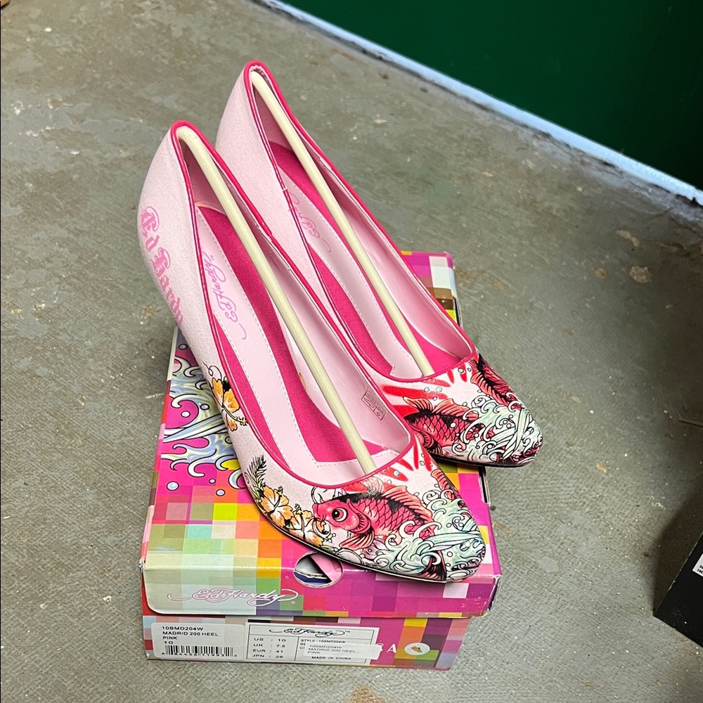 Ed hardy women’s koi fish pink heels pumps shoes New us size 5 6 7 10